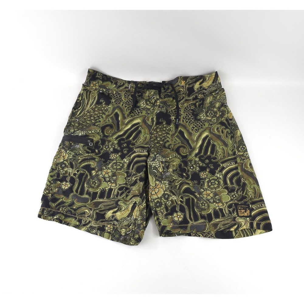 Hurley board shorts 38 black and green floral camo pattern Japanese tattoo XL